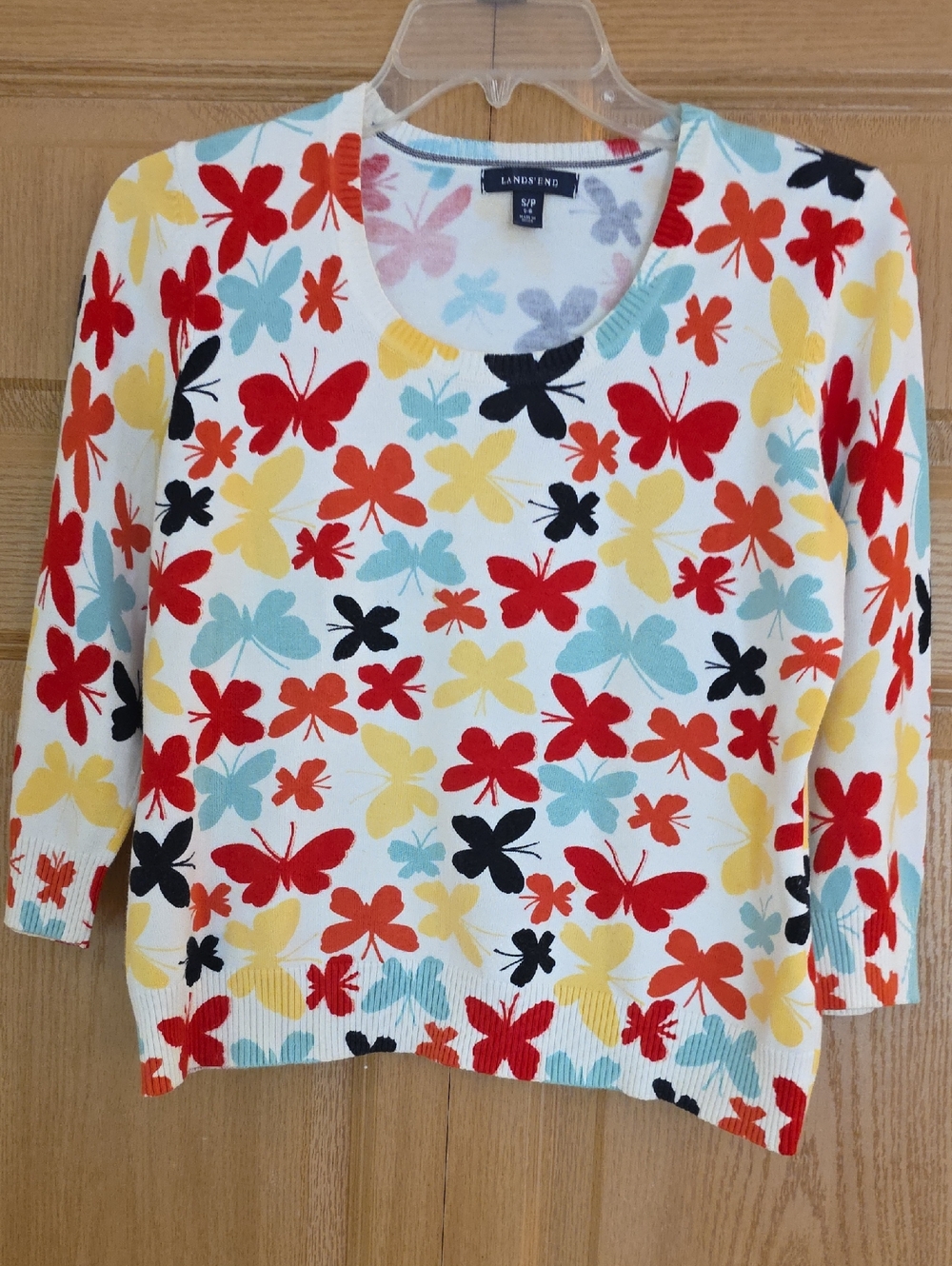Lands' End Women's Butterfly Print Sweater Crewneck 3/4 Sleeve White Multi Size